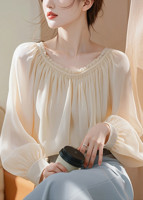Apricot Ruffled Chiffon Shirt Spring