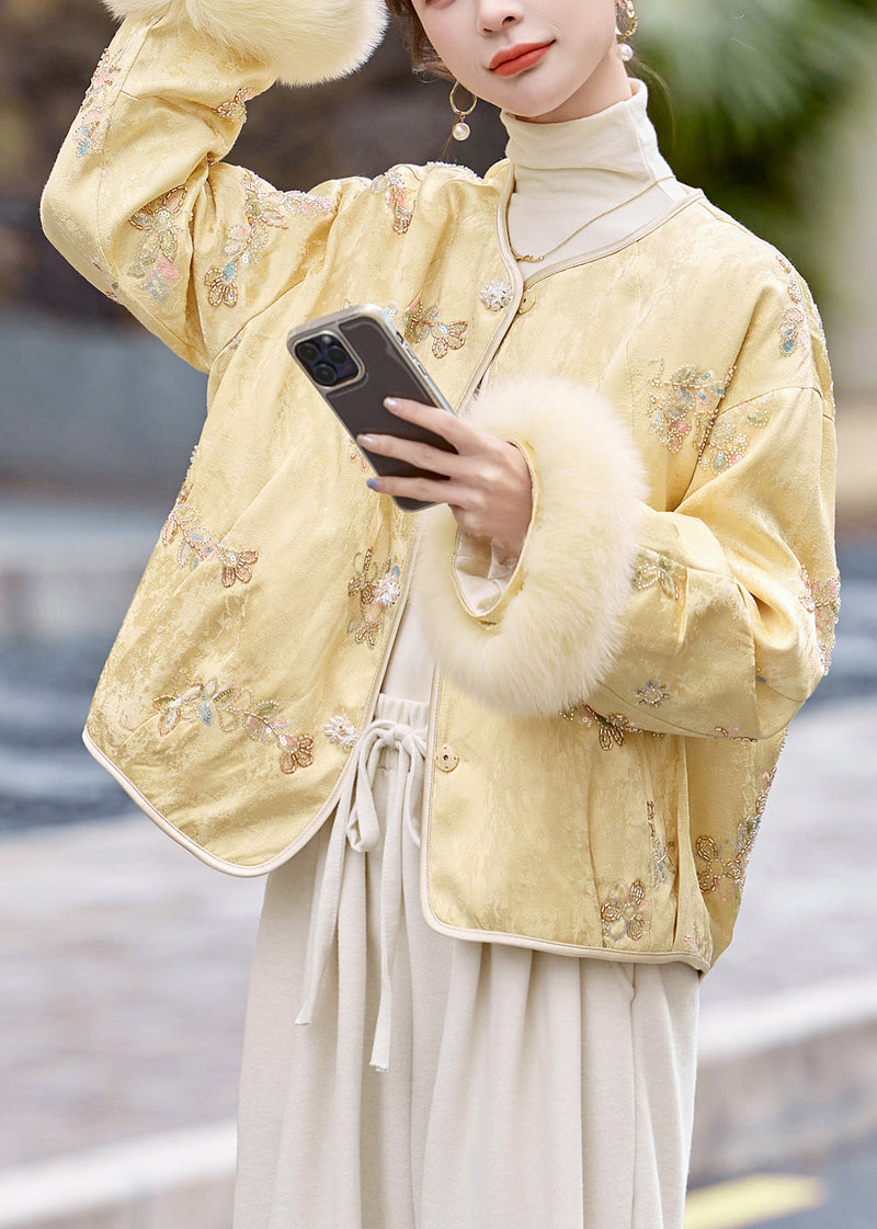 Yellow Embroidered Patchwork Fox Fur Duck Down Coats Winter