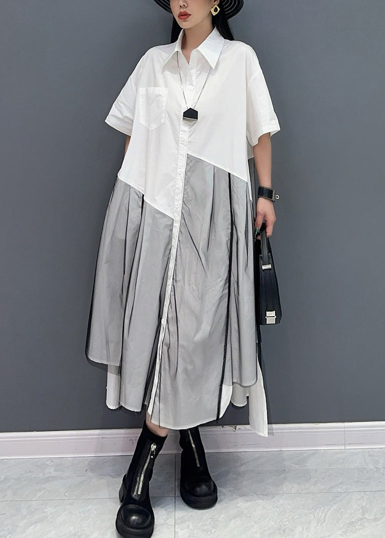 Summer Peter Pan Collar Wrinkled Patchwork Shirts Dress