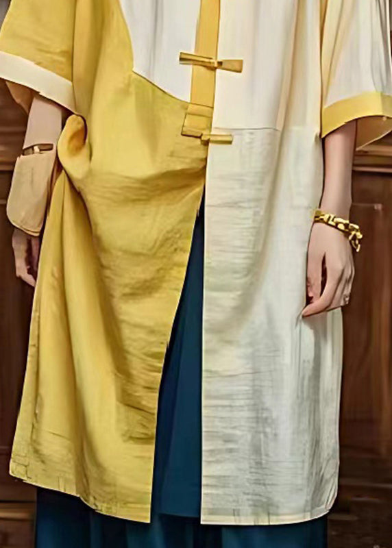 Light Yellow Chinese Button Patchwork Linen Dresses Summer