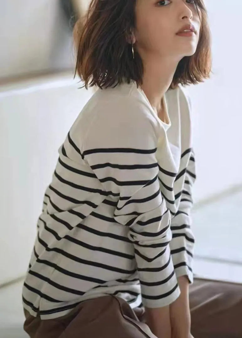 Style White O-neck Striped Knit Cotton Top Long Sleeve