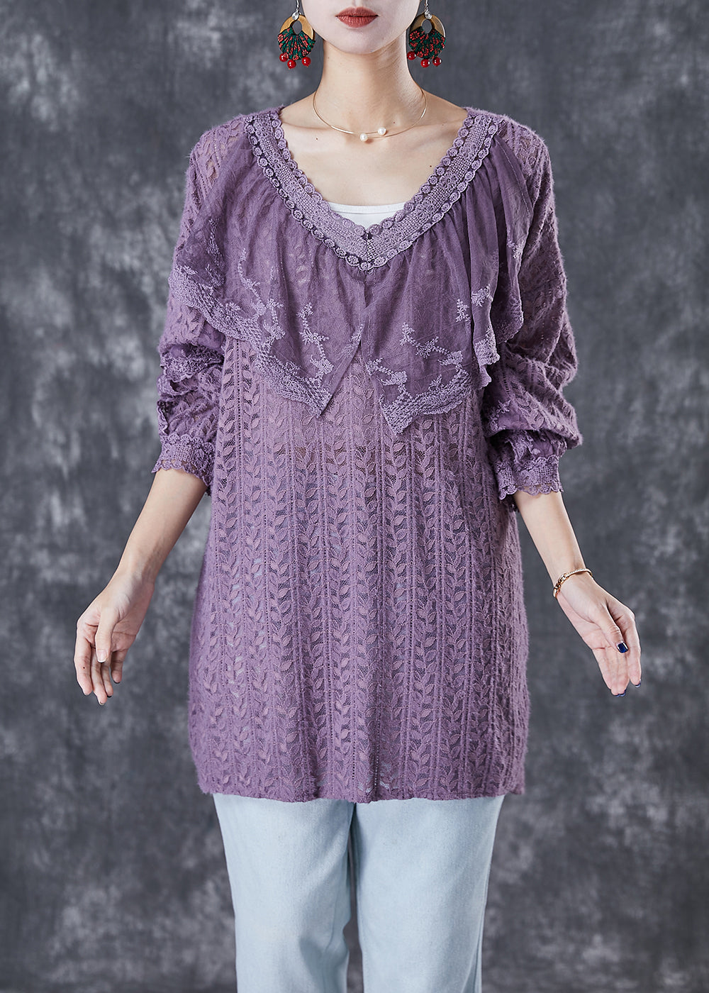 Purple V Neck Patchwork Lace Shirts Fall