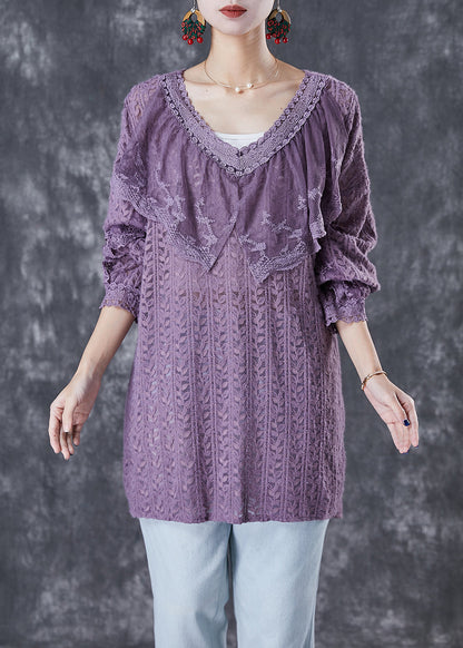Purple V Neck Patchwork Lace Shirts Fall