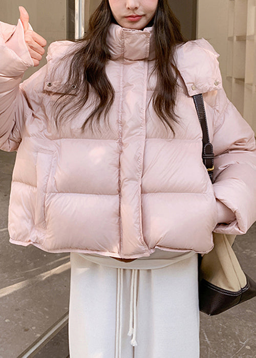 Pink Hooded Zippered Pockets Duck Down Down Coat Winter