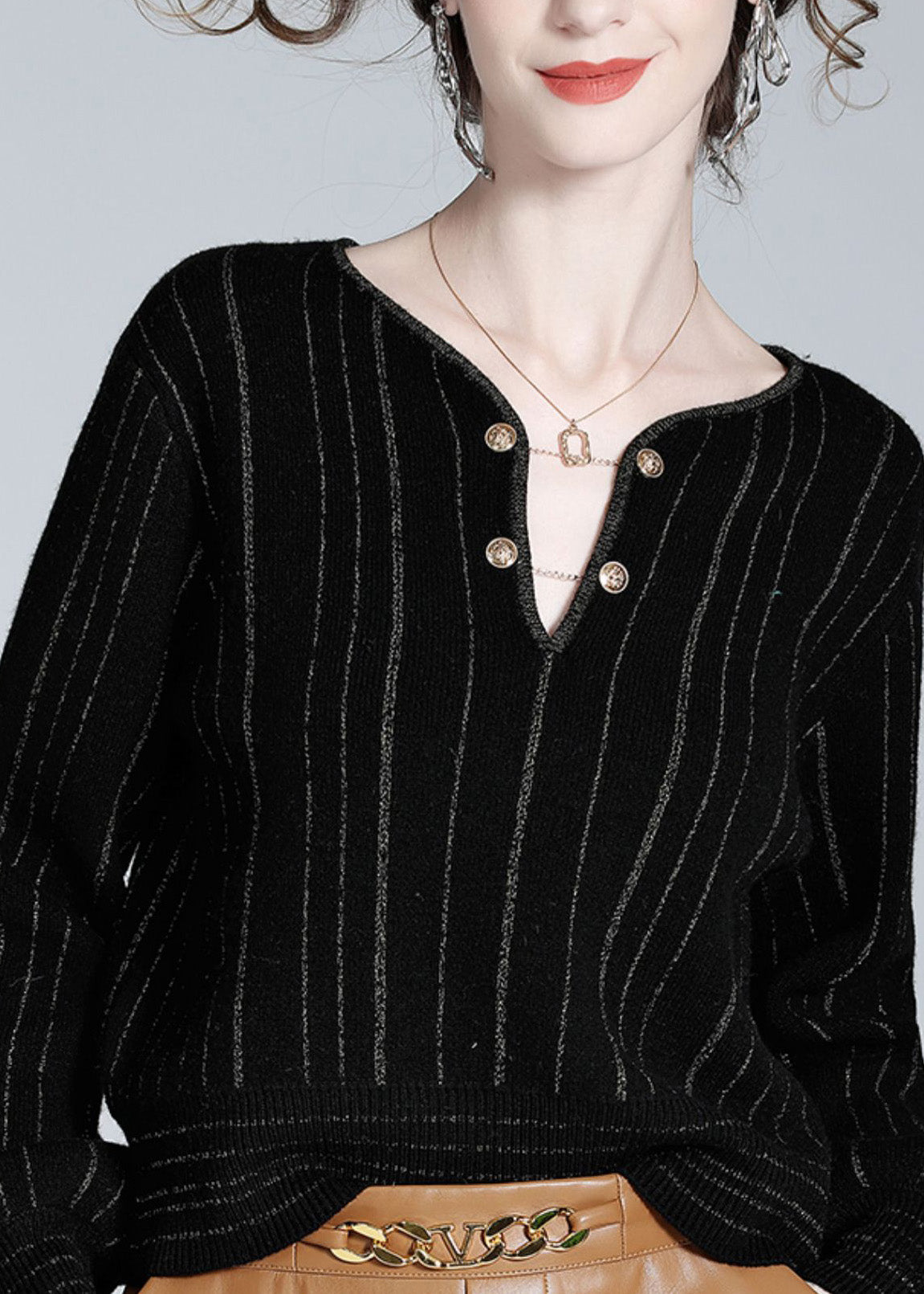 Black V Neck Striped Button Woolen Top Spring