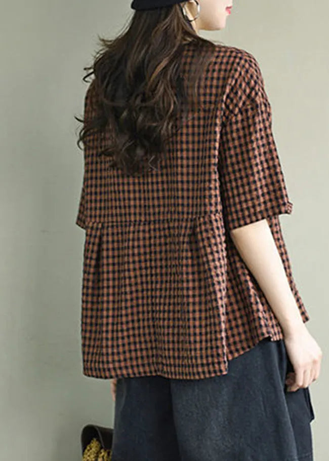 Red Pocket Patchwork Loose Linen Shirts Top Wrinkled Short Sleeve