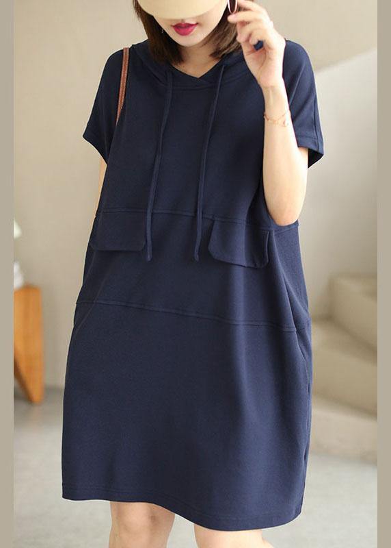 Navy Hooded Drawstring Patchwork Fall Short Sleeve Dress