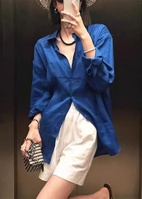 Loose Blue Peter Pan Collar Button Cotton Shirt Fall