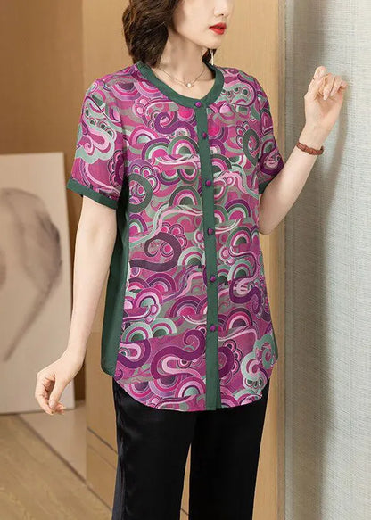 New Purple O Neck Print Button Patchwork Silk Shirt Summer