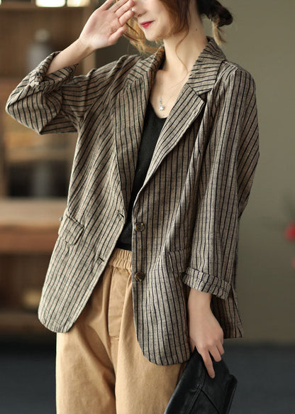 Light Button Pockets V Neck Striped Coats Long Sleeve Fall