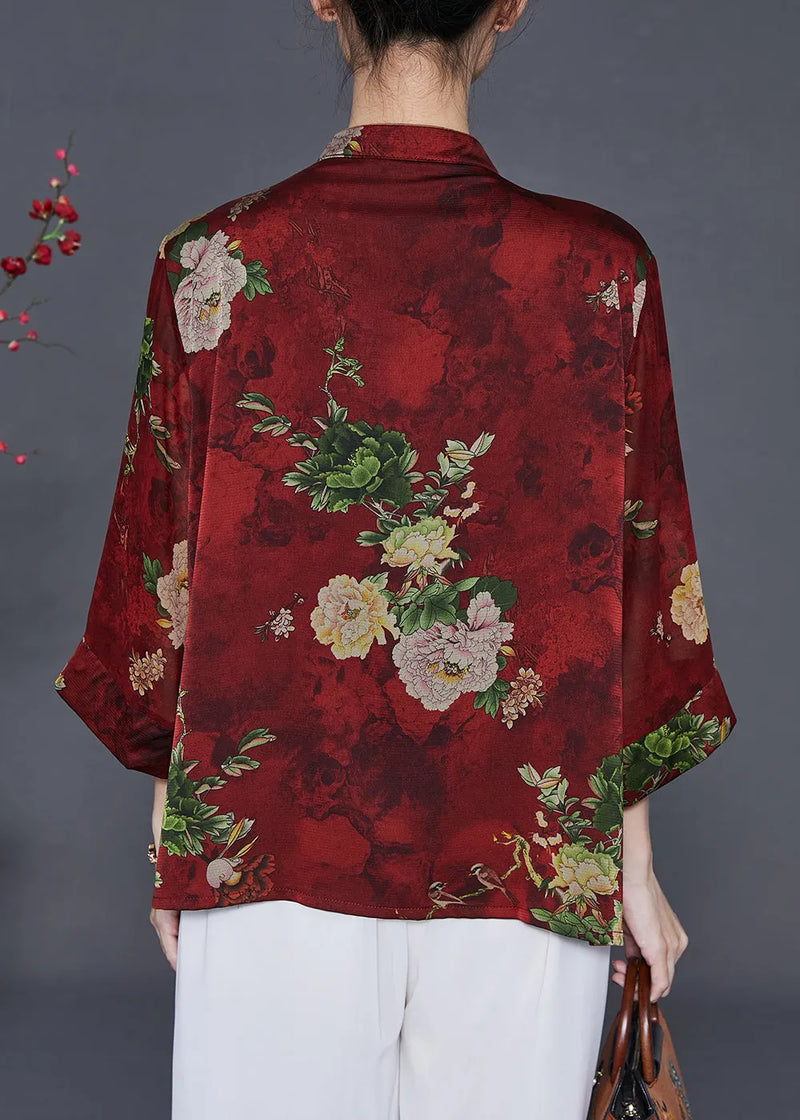 Red Print Silk Shirts Mandarin Collar Summer