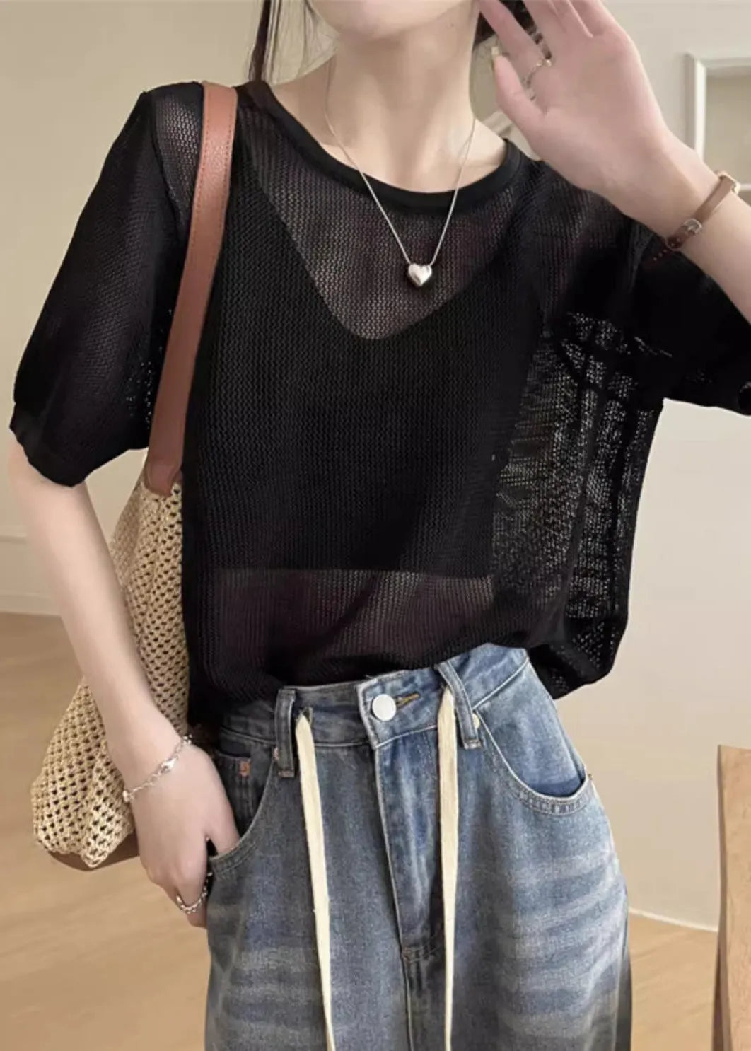 Black Hollow Out Summer Knit T Shirts O Neck
