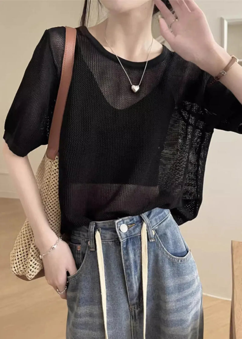 Black Hollow Out Summer Knit T Shirts O Neck