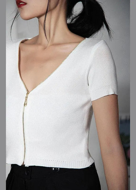 Modern White Zippered V Neck Shirt Tops Summer