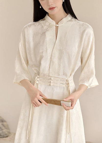 White Stand Collar Tasseled Patchwork Cotton Dress Fall