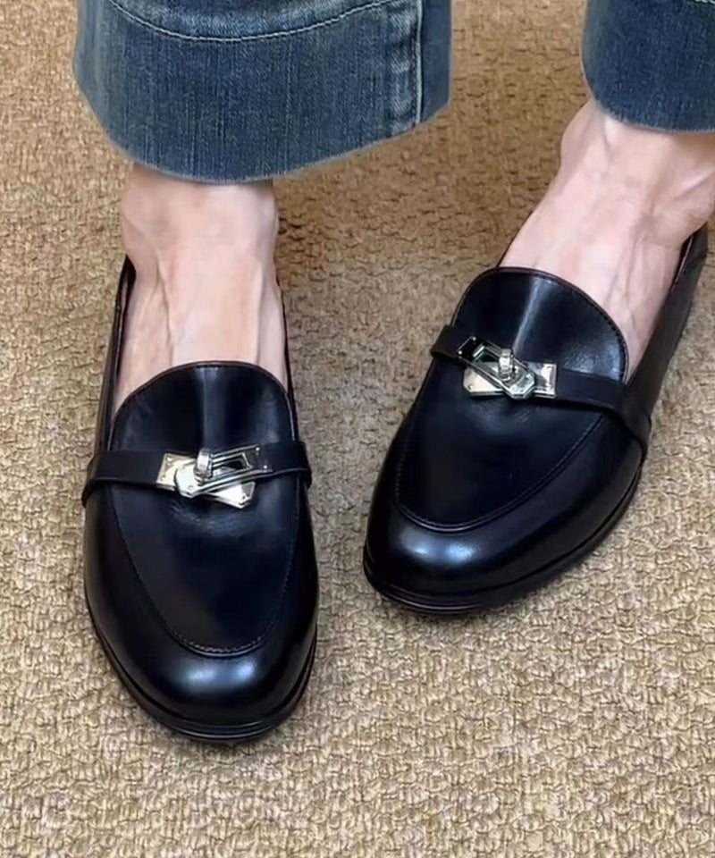 Brown Cowhide Leather Splicing Loafers for
