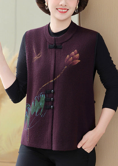 Purple O-neck Patchwork Button Knit Waistcoat Fall
