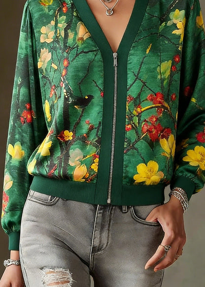 Green O-neck Print Zip Up Silk Coats Long Sleeve