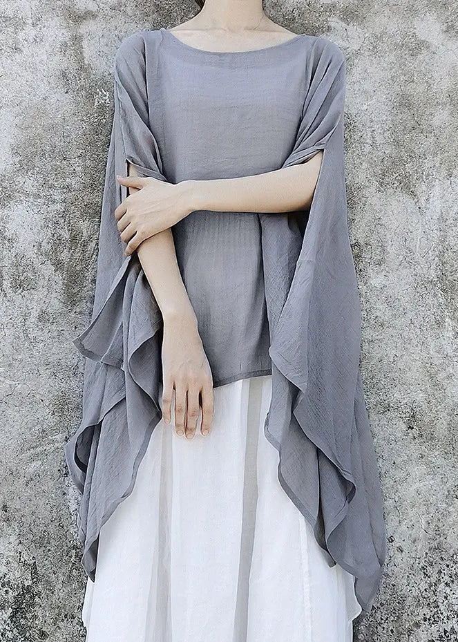 Simple Grey Asymmetrical Design Linen Tops Batwing Sleeve