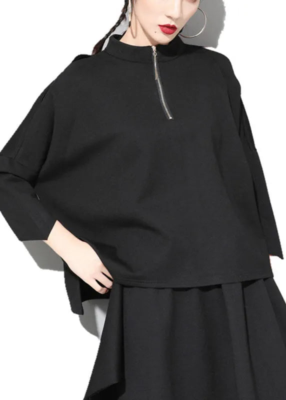 Loose Black Stand Collar Patchwork Zippered Fall Three Quarter Sleeve Top