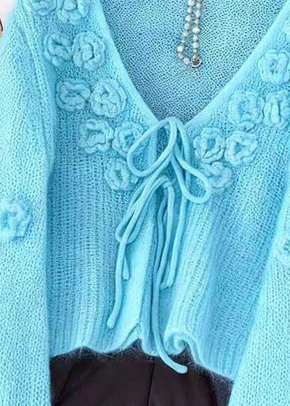 Light Blue Original Design Lace Up Knit Cardigan Fall