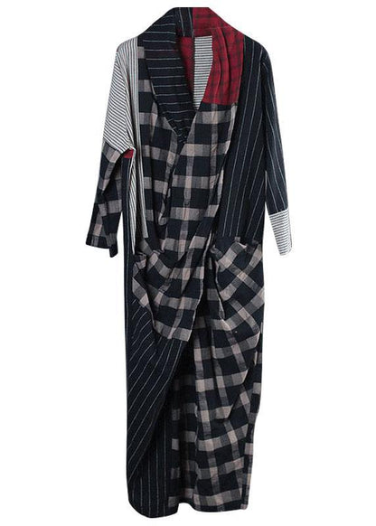 Classy Colorblock Plaid V Neck Pockets Holiday Dress Fall Long Sleeve