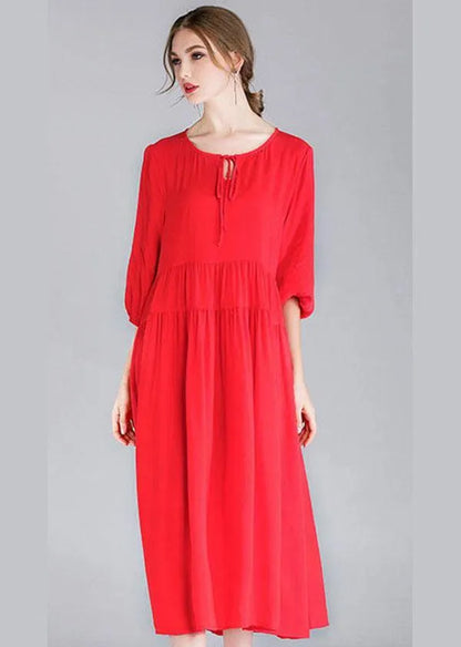Red Loose Wrinkled Spring Holiday Dress Three Quarter Sleeve