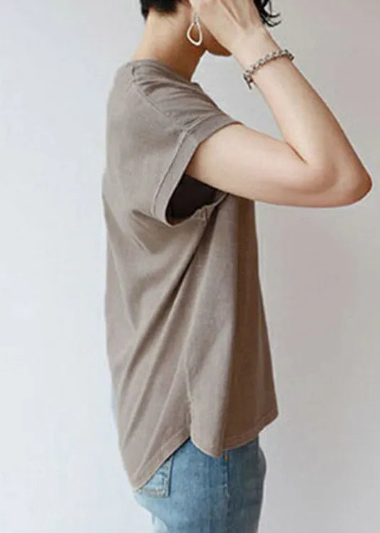 Brief Camel O-neck Side Open Cotton T Shirt Short Sleeve