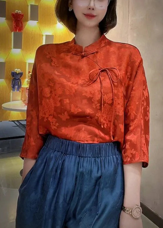 Original Red Stand Collar Chinese Button Bow Silk Top Three Quarter Sleeve