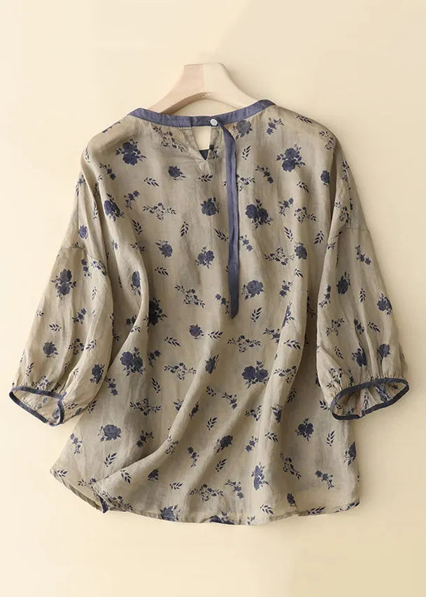 Loose Khaki Print Button Cotton T Shirt Bracelet Sleeve