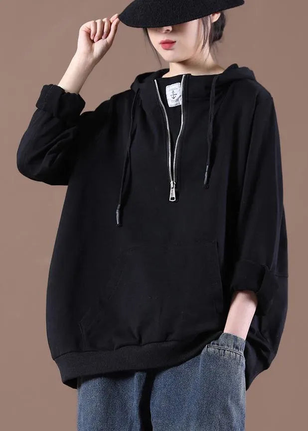 Hooded Autumn Simple Black Tops