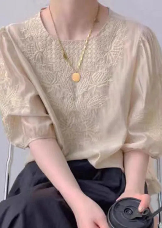 Apricot O-neck Embroideried Silk Top Puff Sleeve
