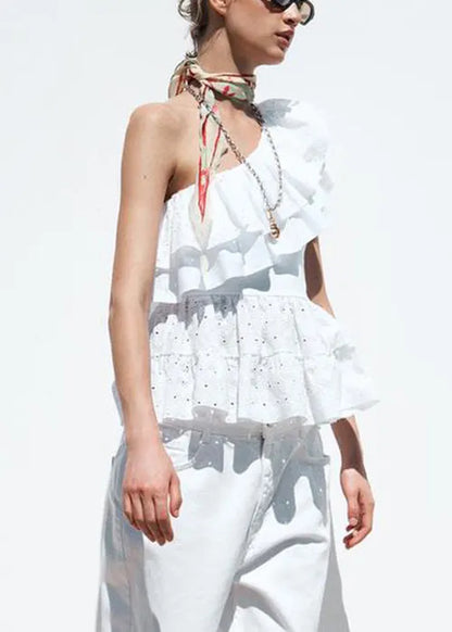Art White Asymmetrical Hollow Out Cotton Tops Summer