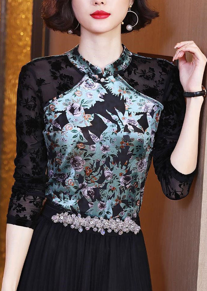Colorblock Mandarin Collar Patchwork Silk Velour Shirt Top Long Sleeve