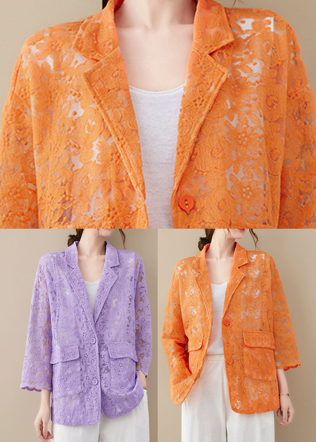 Purple Loose Lace Coats Pocket Hollow Out Long Sleeve