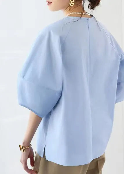Blue O-neck Puff Sleeve Cotton Tops