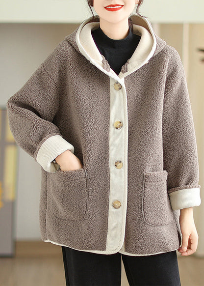 Apricot Hooded Pockets Patchwork Faux Fur Warm Fleece Coat Winter