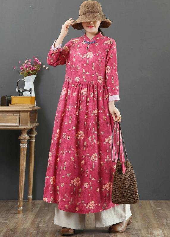 Stand Collar Cinched Spring Dresses Red Print Dress