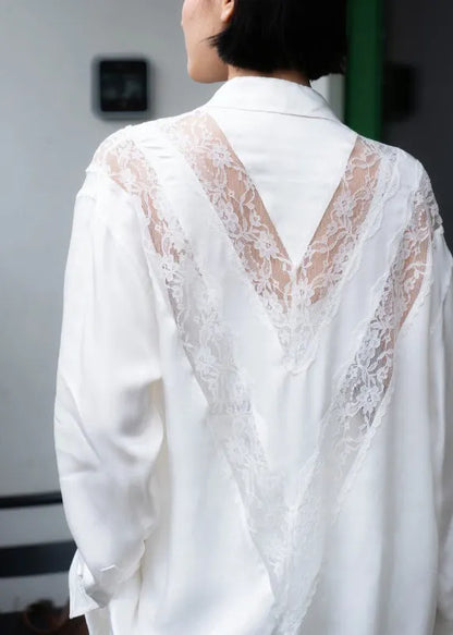 White Button Lace Cotton Fall Shirt Peter Pan Collar