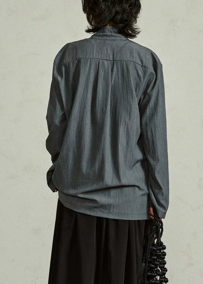 Grayish Blue Lace Up Cotton Shirts Stand Collar
