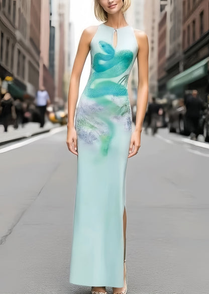 Sky Blue Winged Snake Print Silk Wraped Dress Summer