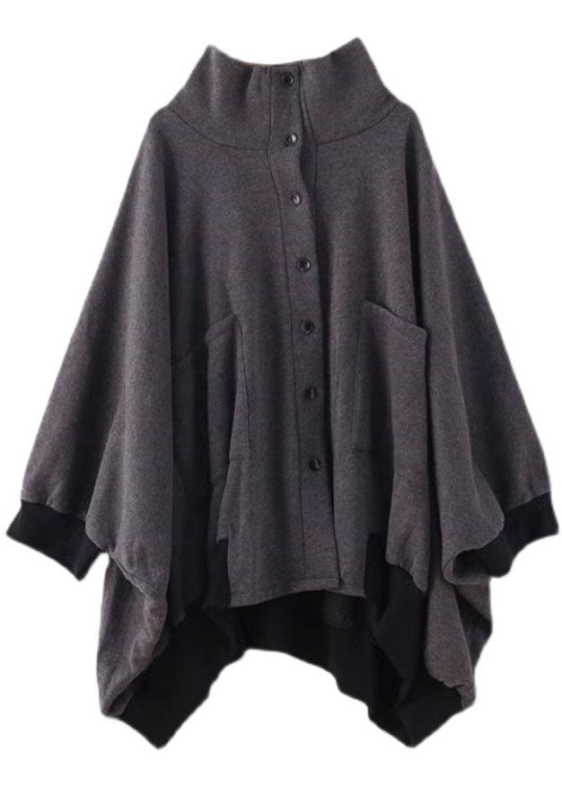 Stylish Dark Gray Pockets Button Knit Asymmetrical Design Fall Loose Sweatshirts Coat