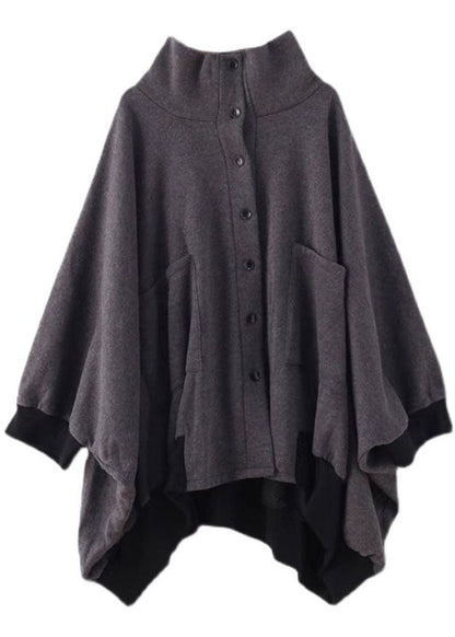 Stylish Dark Gray Pockets Button Knit Asymmetrical Design Fall Loose Sweatshirts Coat