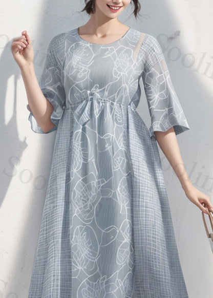 Loose Light Blue O Neck Print Wrinkled Silk Dress Summer