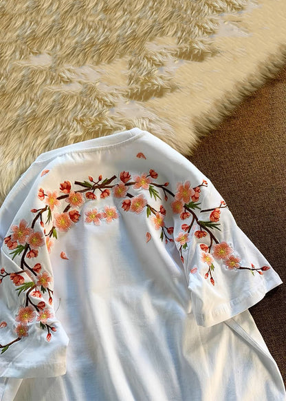 Loose White O-neck Embroidered Cotton T Shirts Summer
