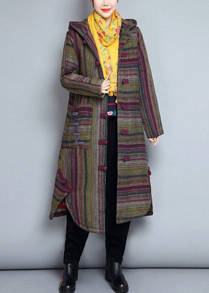 Khaki Hooded Pockets Striped Fine Cotton Filled Witner Coats