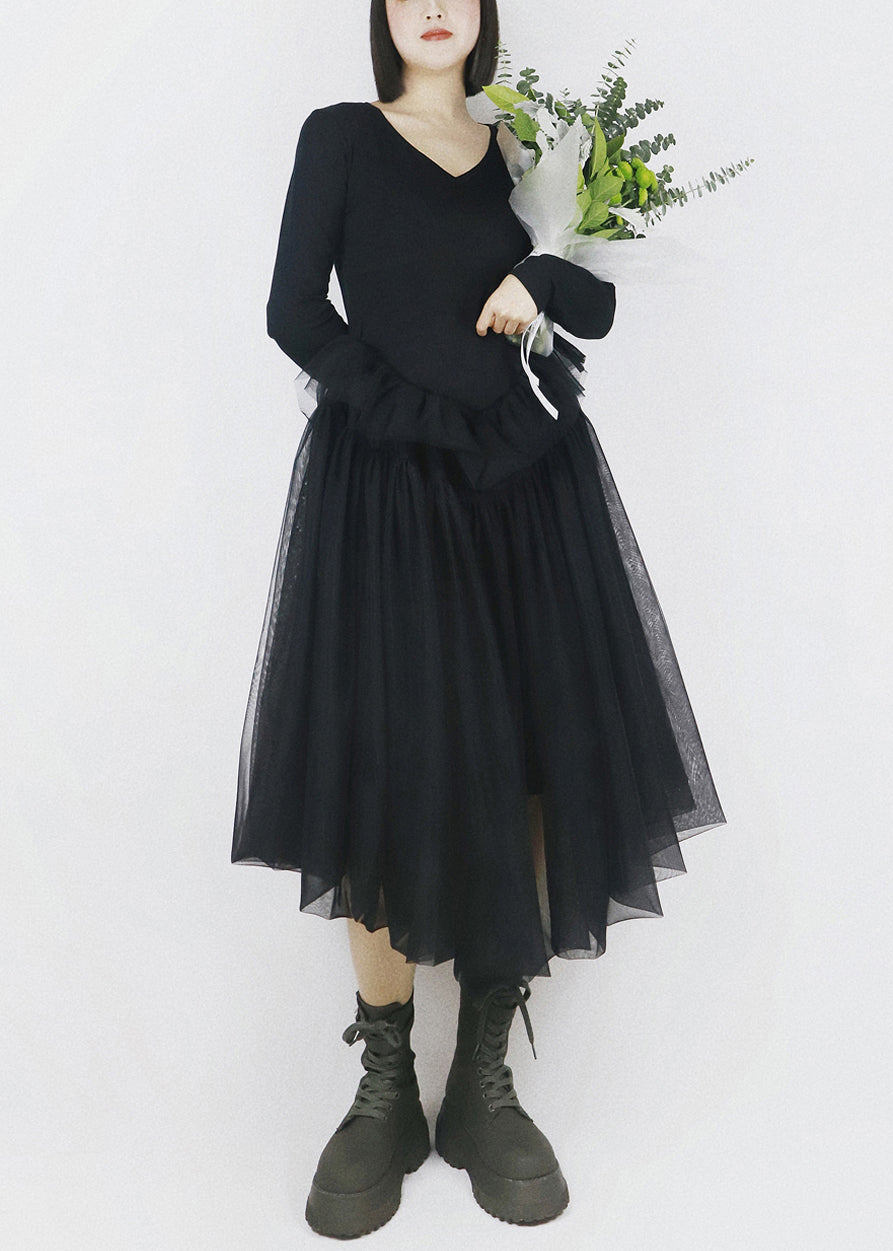 Black Asymmetrical Tulle Patchwork Cotton Dresses