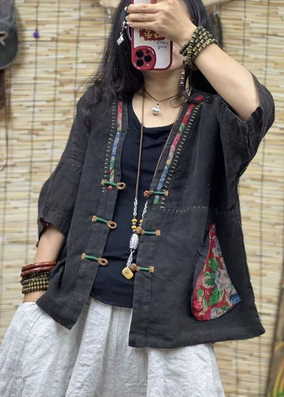 Black V Neck Pockets Chinese Button Patchwork Linen Coats Summer