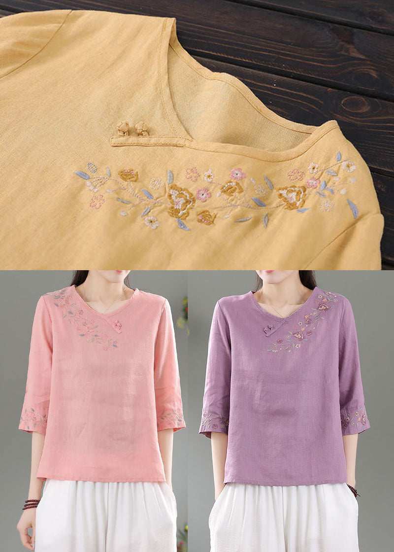 Modern Pink O-neck Side Open Linen Top Three Quarter Sleeve