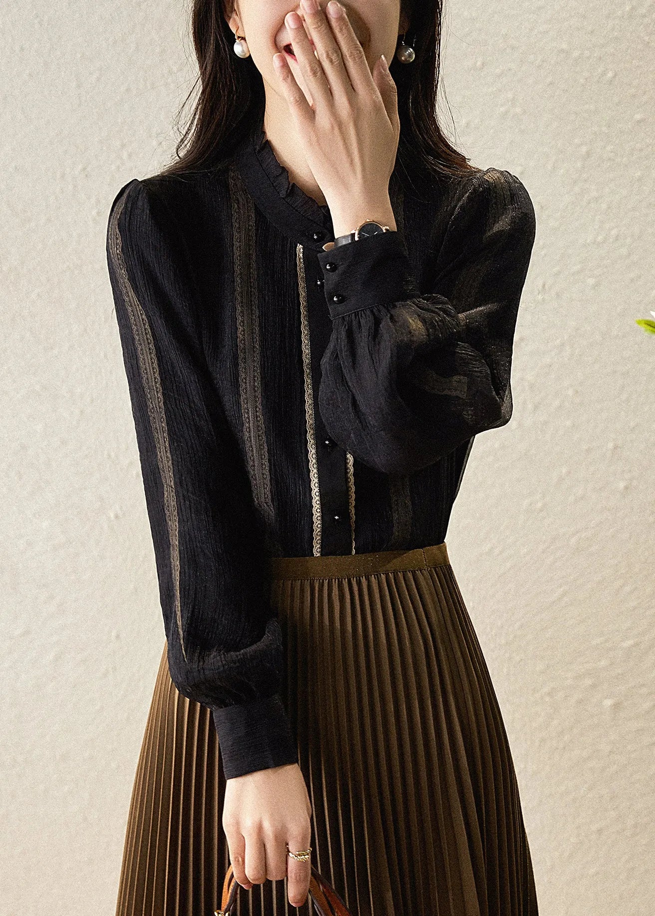 Black Stand Collar Striped Patchwork Chiffon Shirts Long Sleeve